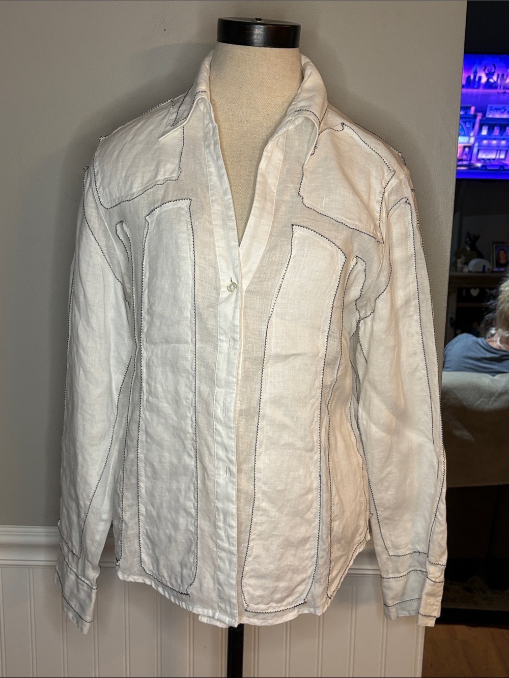 Samuel Dong White Linen Jacket with Contrast Stitching